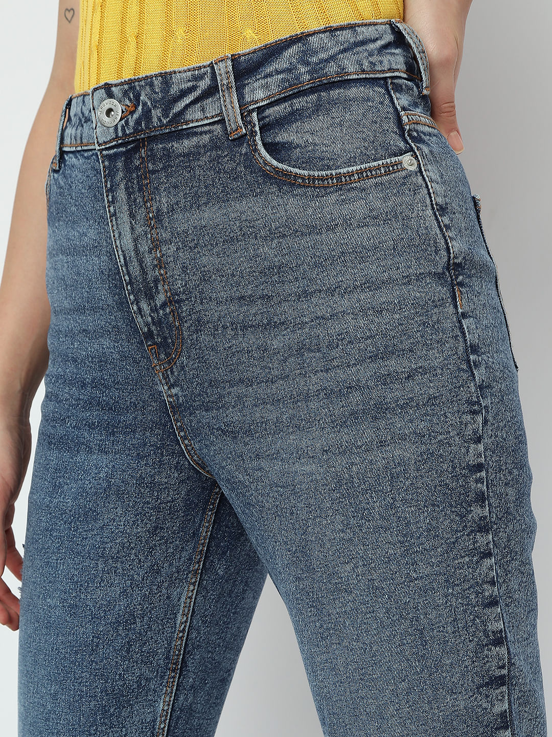 Blue High Rise Distressed Mom Fit Jeans