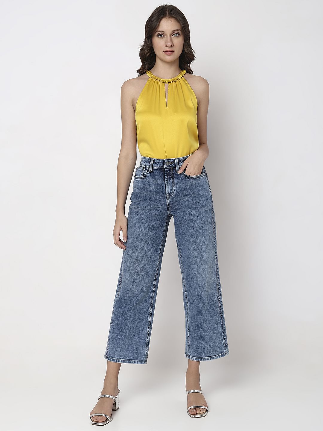 Blue High Rise Washed Jade Straight Fit Jeans