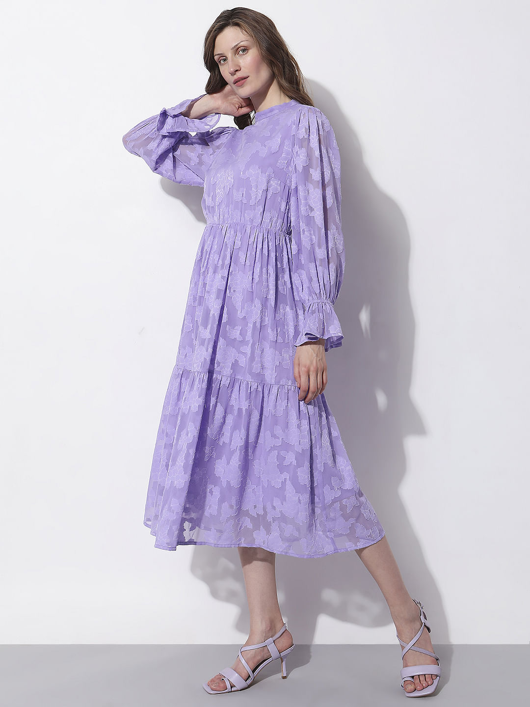 Purple Floral Textured Midi Dress