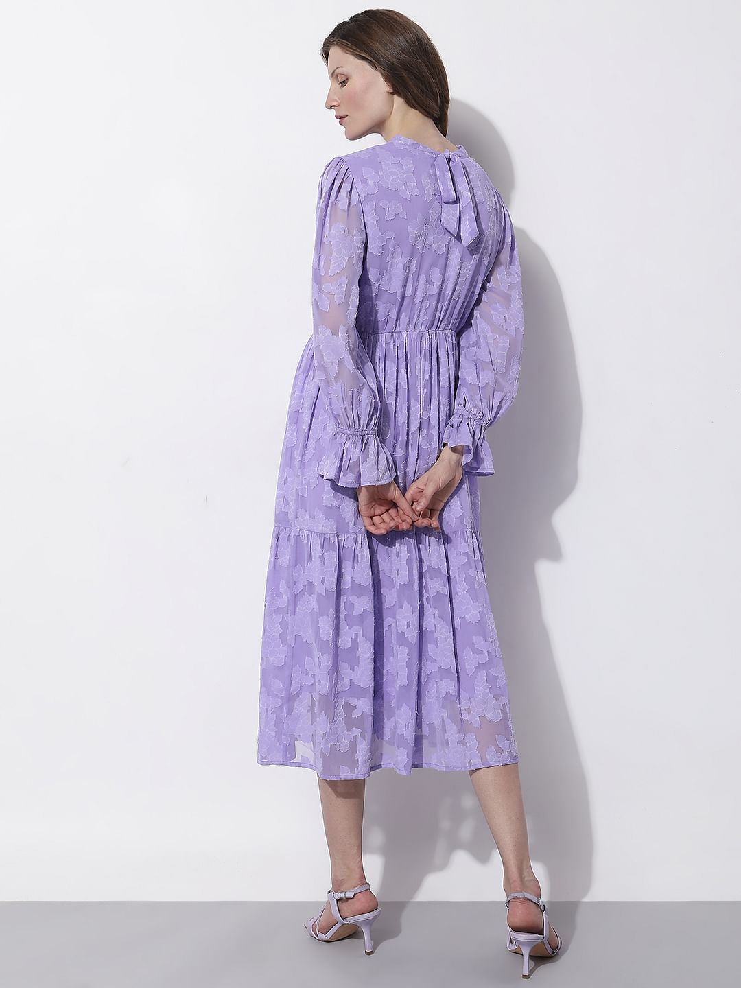 Purple Floral Textured Midi Dress