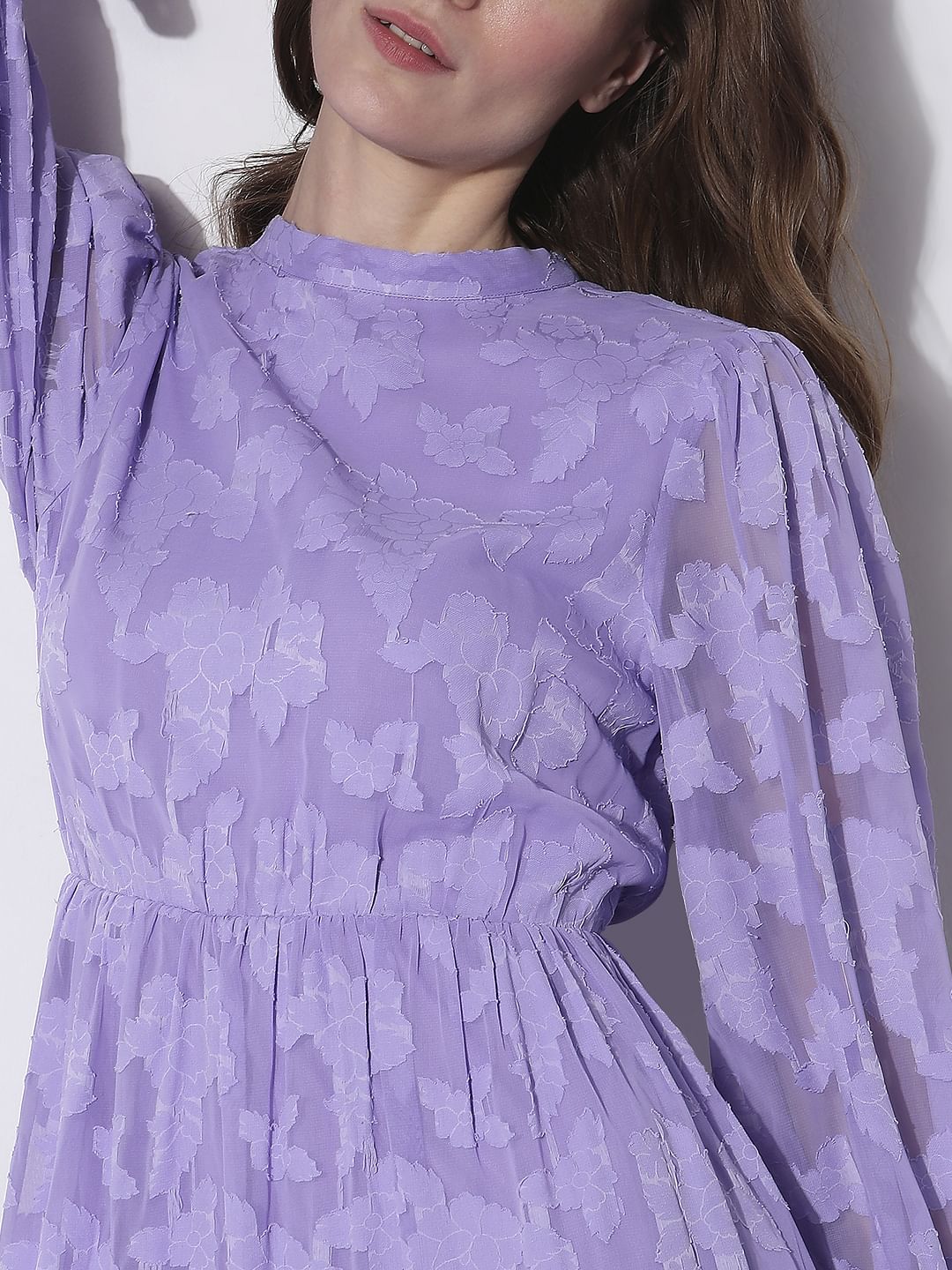 Purple Floral Textured Midi Dress