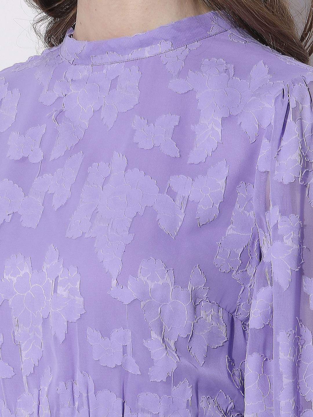 Purple Floral Textured Midi Dress