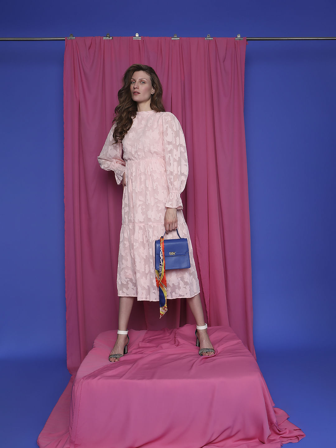 Pink Floral Textured Midi Dress