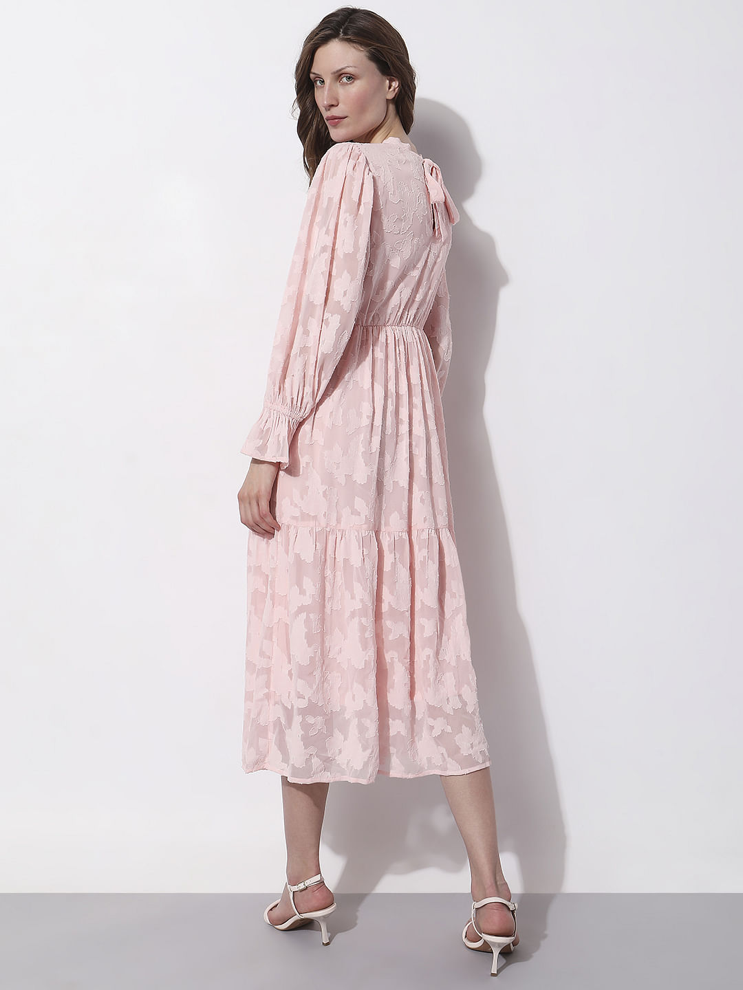 Pink Floral Textured Midi Dress