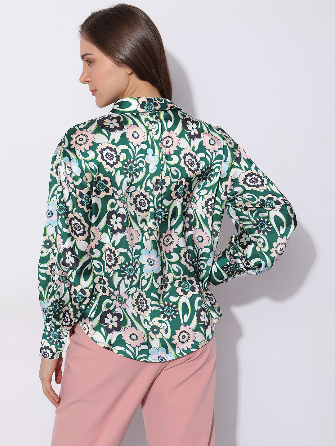 Green Abstract Print Satin Shirt