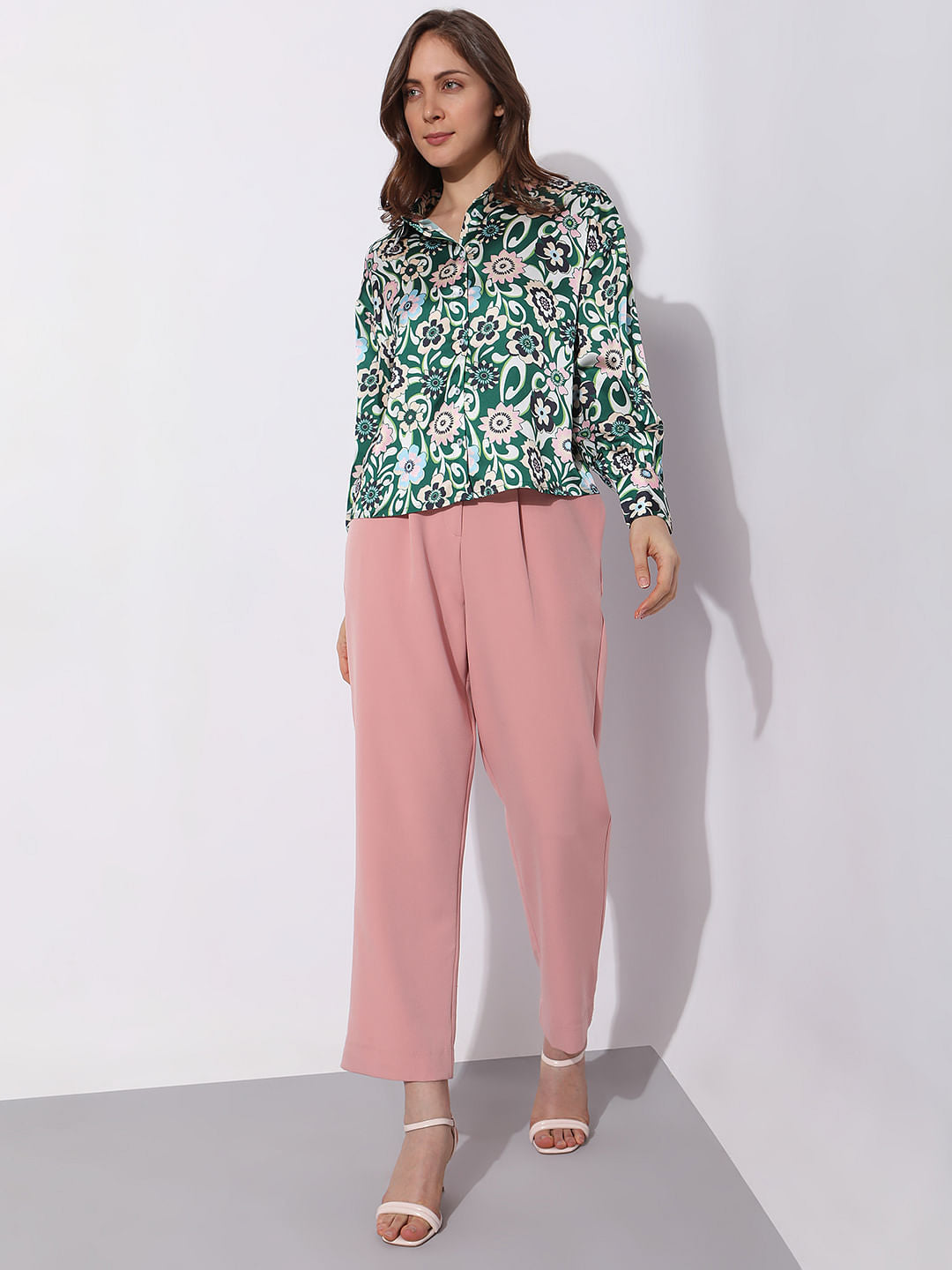 Green Abstract Print Satin Shirt