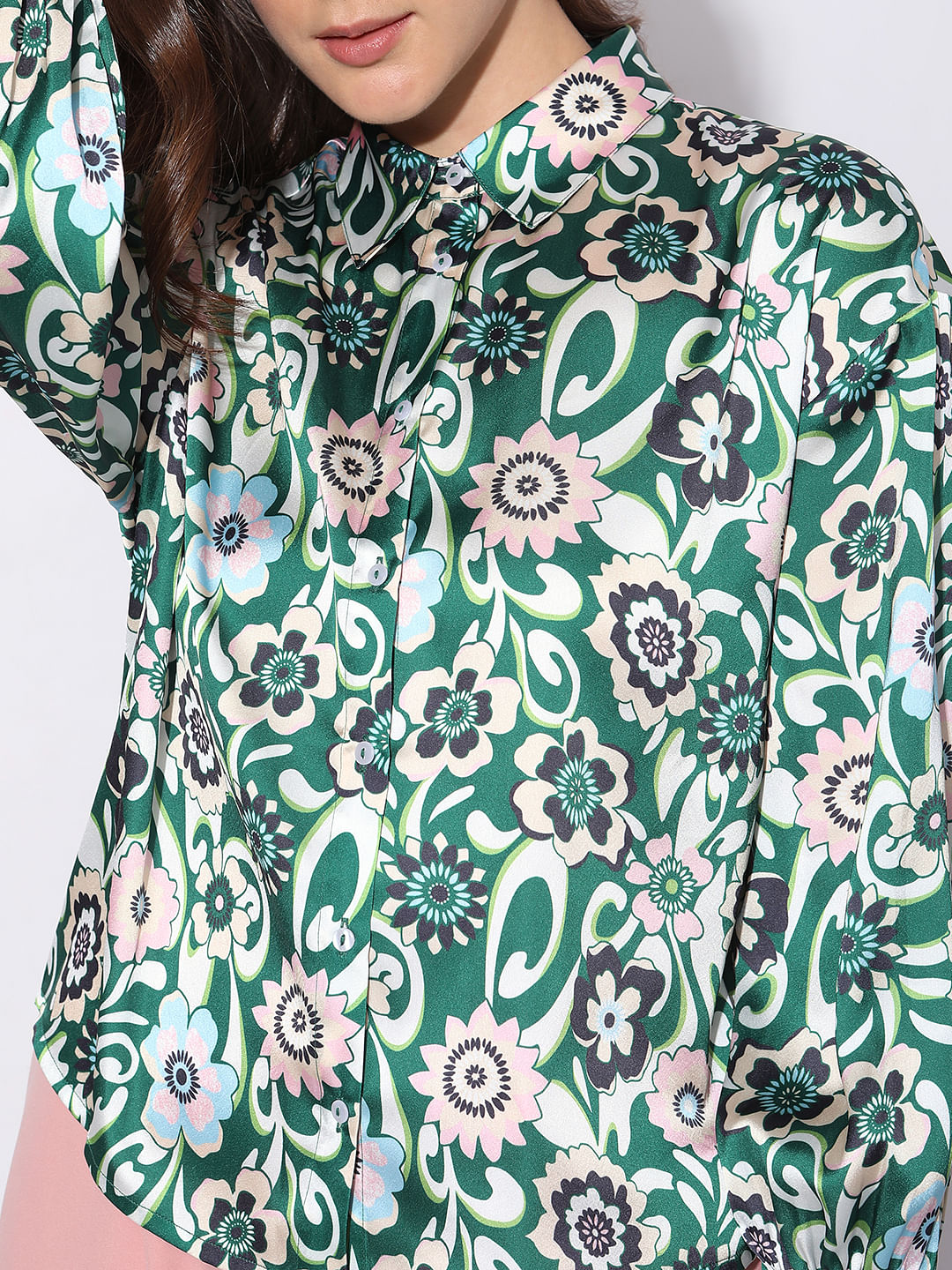 Green Abstract Print Satin Shirt