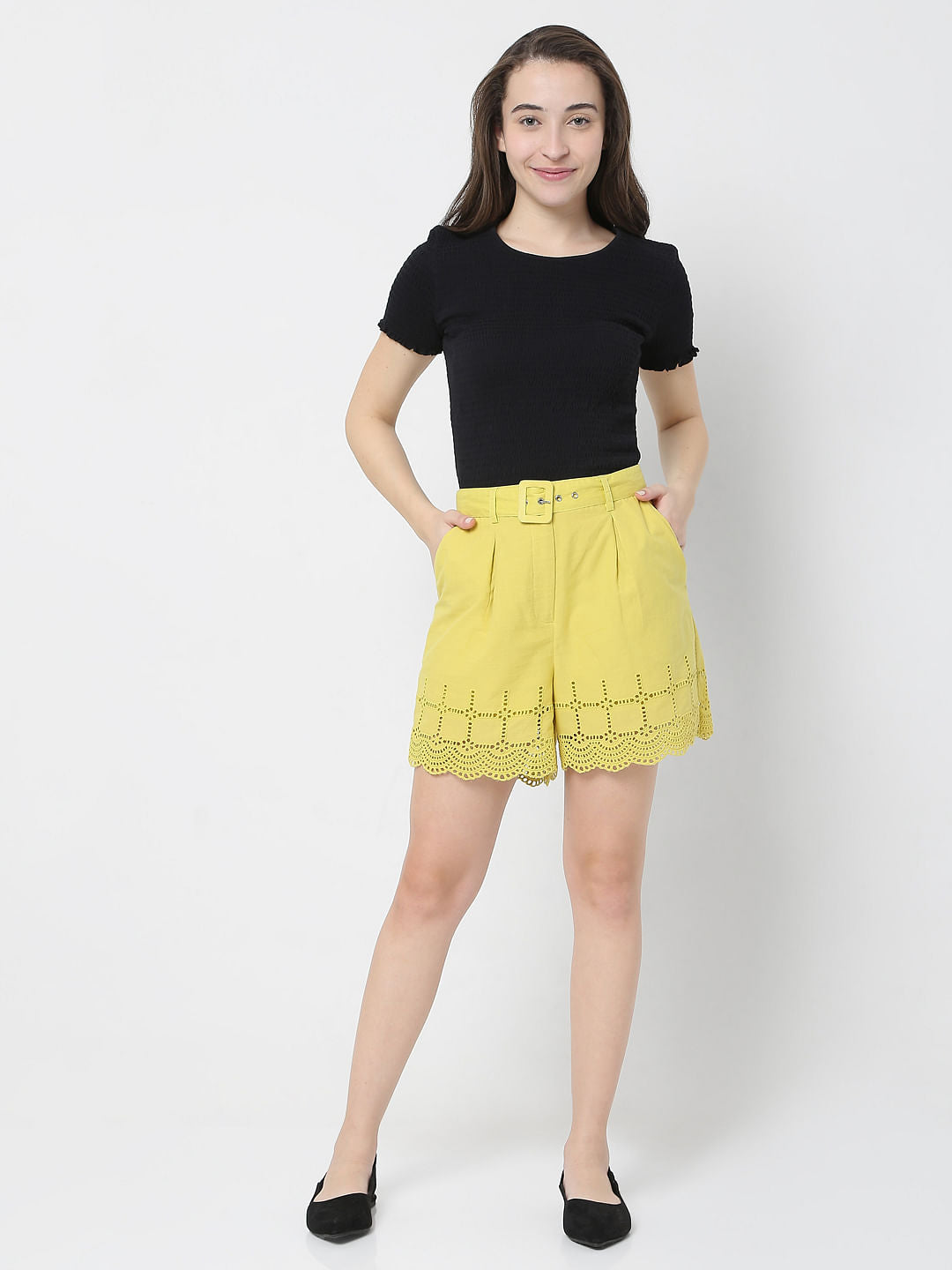 Yellow Schiffli Shorts