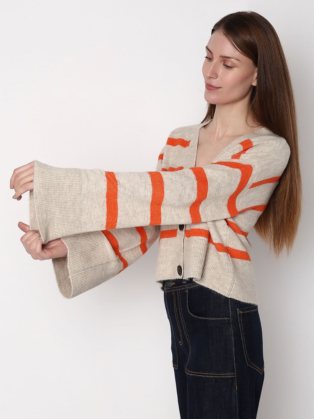 Beige Striped Wide Sleeves Cardigan