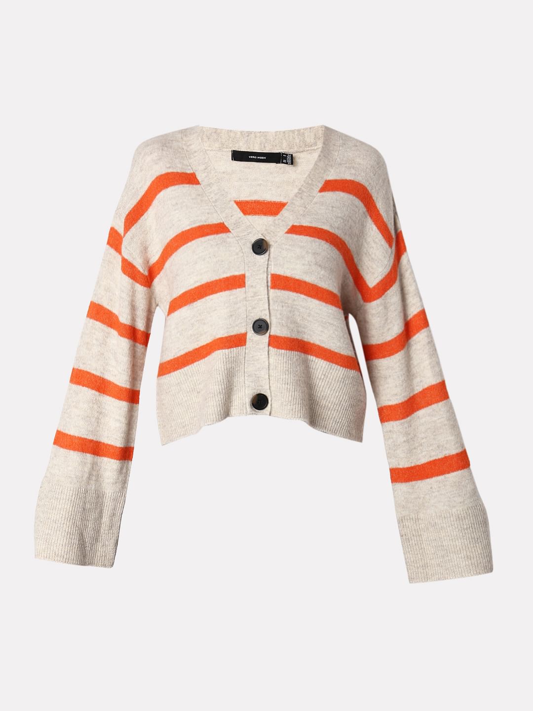 Beige Striped Wide Sleeves Cardigan