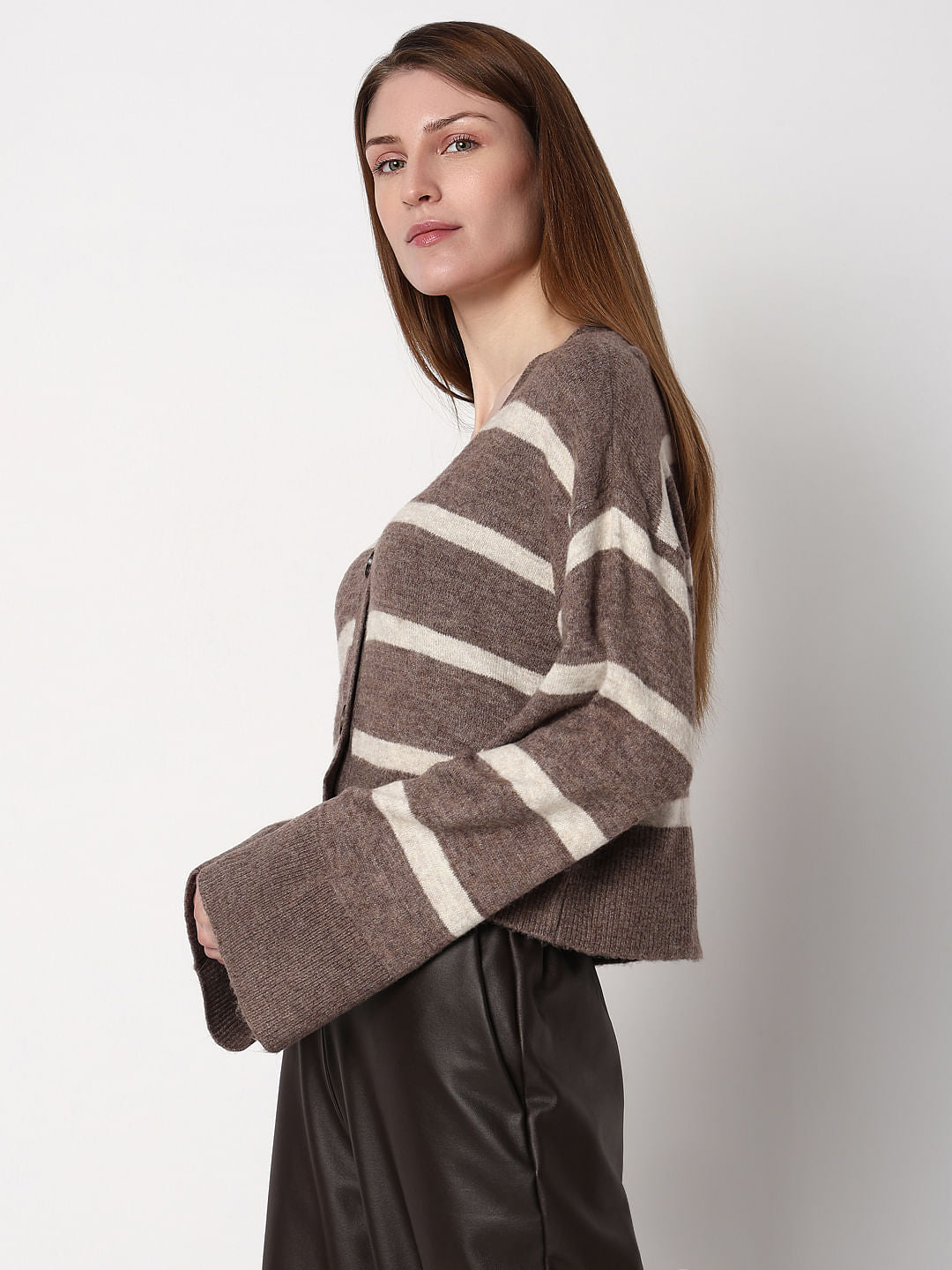Brown Striped Wide Sleeves Cardigan