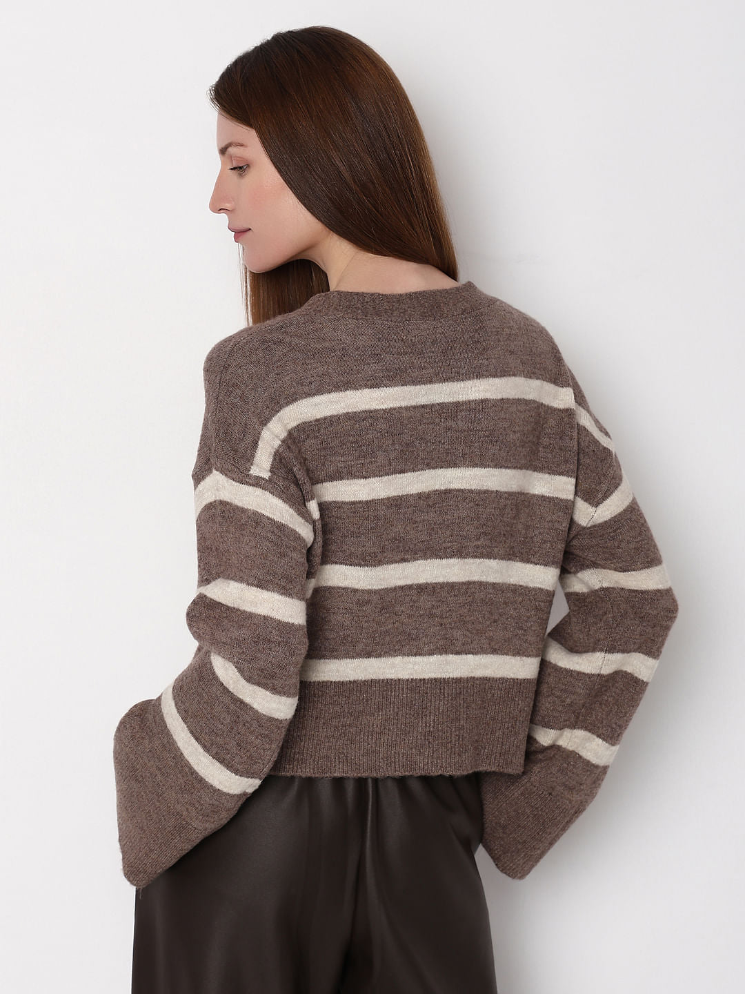 Brown Striped Wide Sleeves Cardigan
