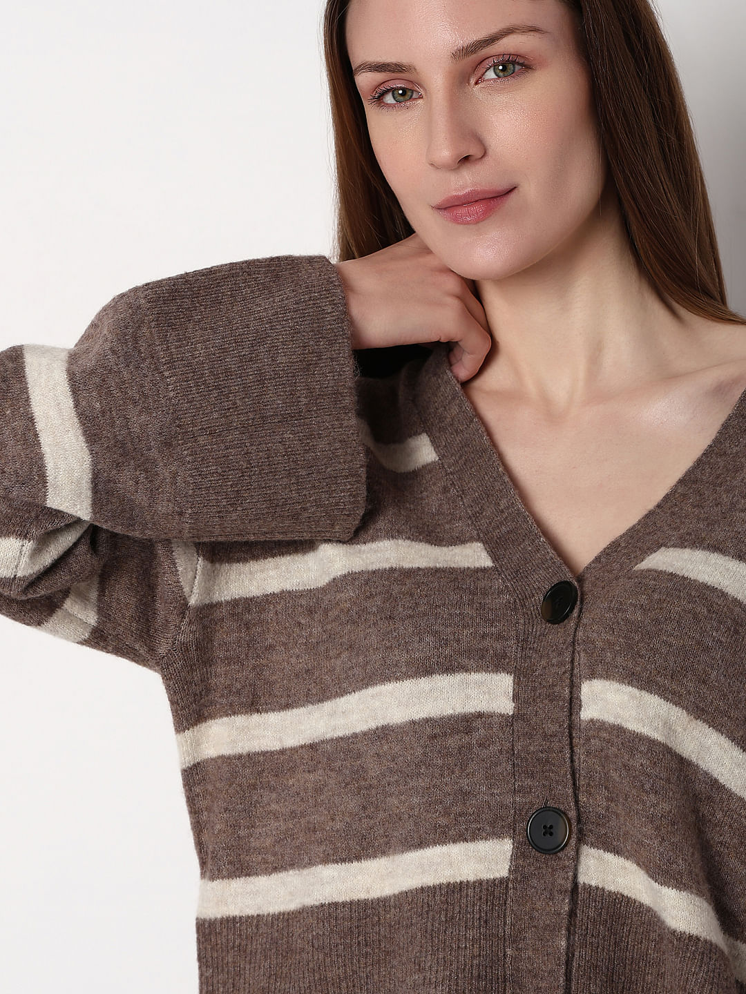 Brown Striped Wide Sleeves Cardigan
