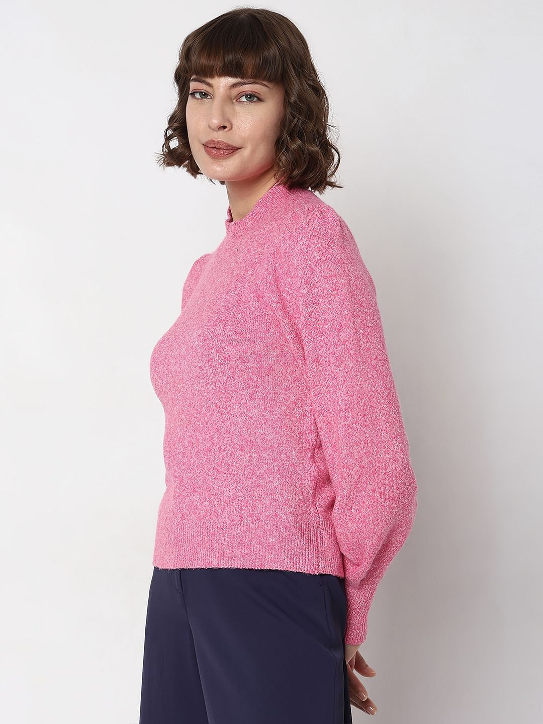 Pink High Neck Melange Yarn Pullover