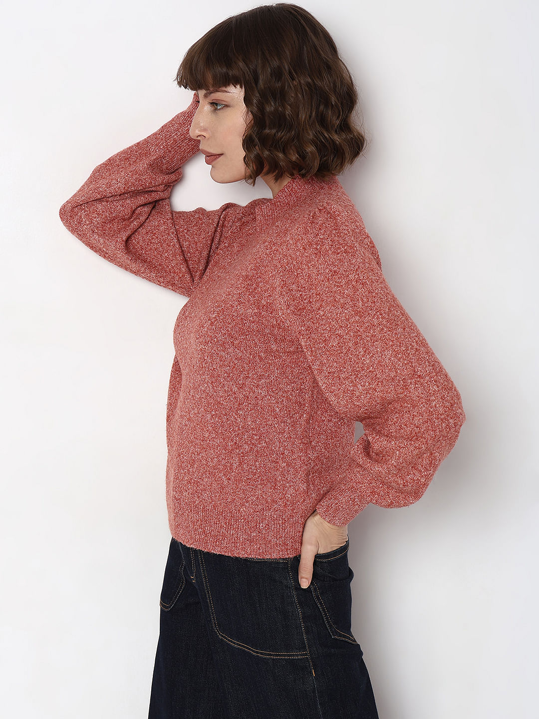Red High Neck Melange Yarn Pullover