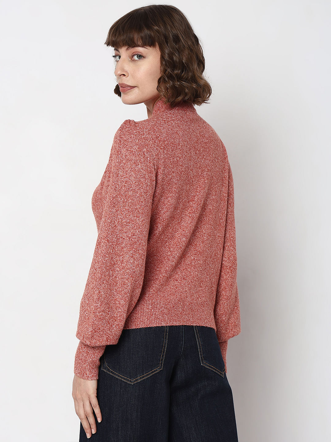 Red High Neck Melange Yarn Pullover