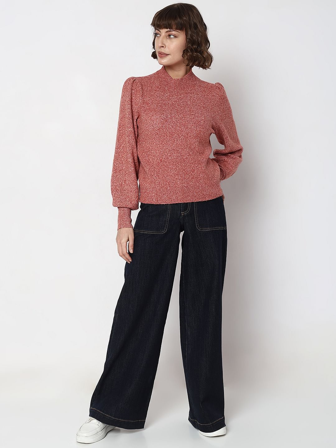 Red High Neck Melange Yarn Pullover