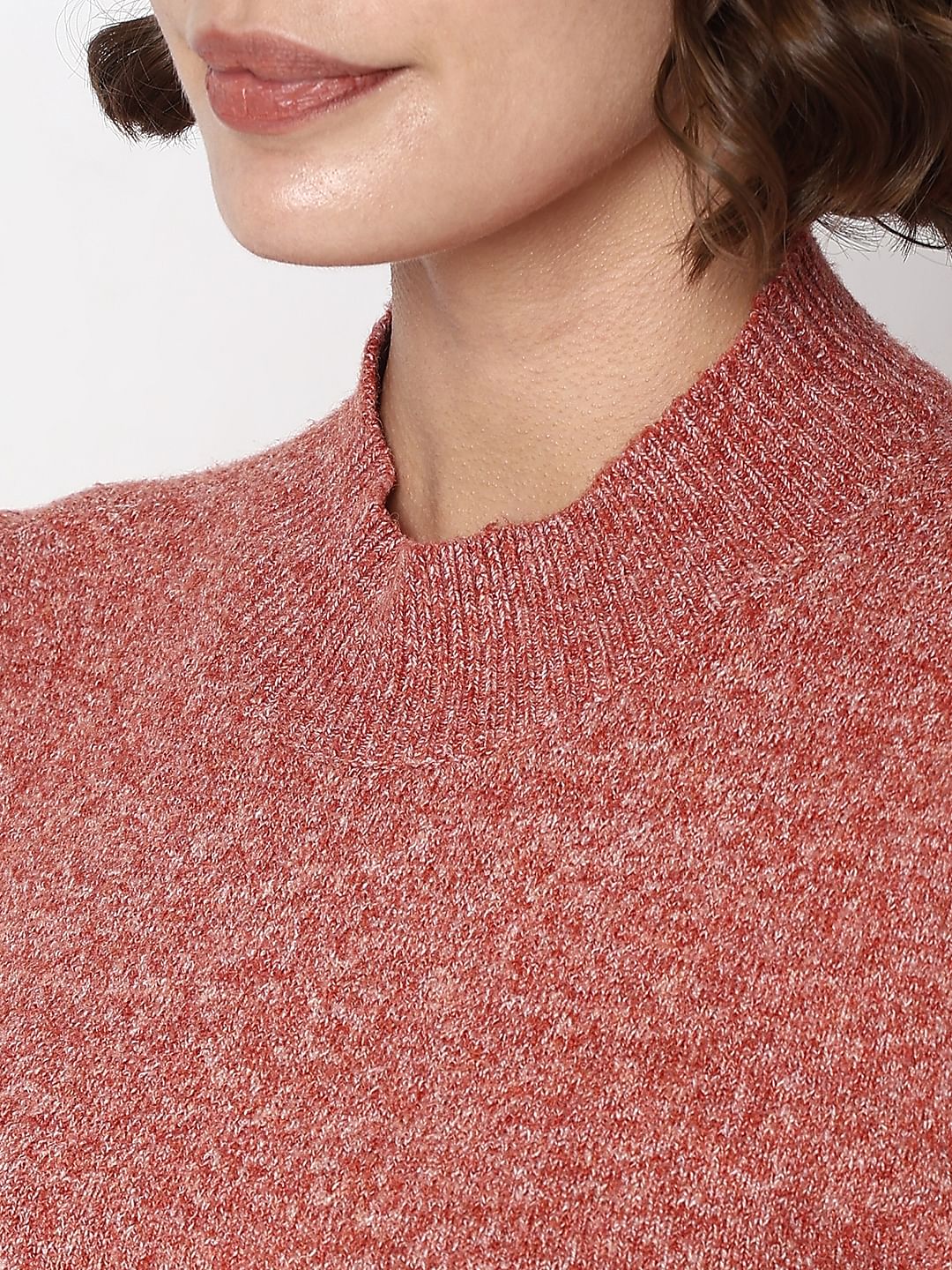 Red High Neck Melange Yarn Pullover
