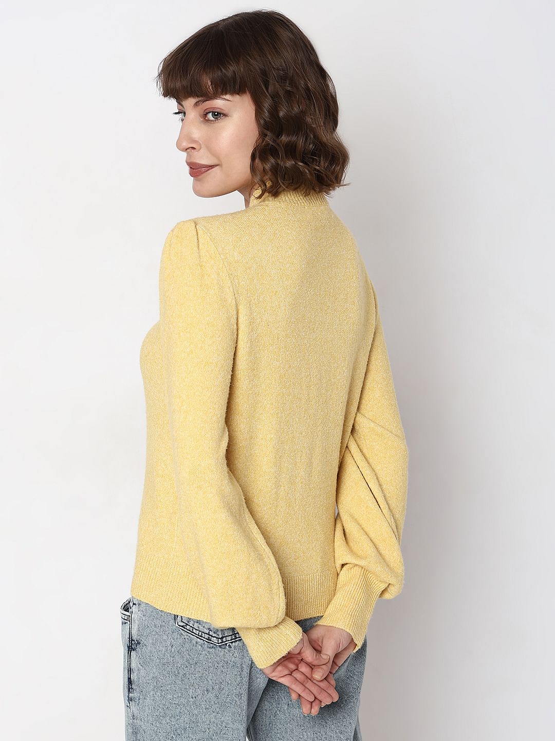 Yellow High Neck Melange Yarn Pullover