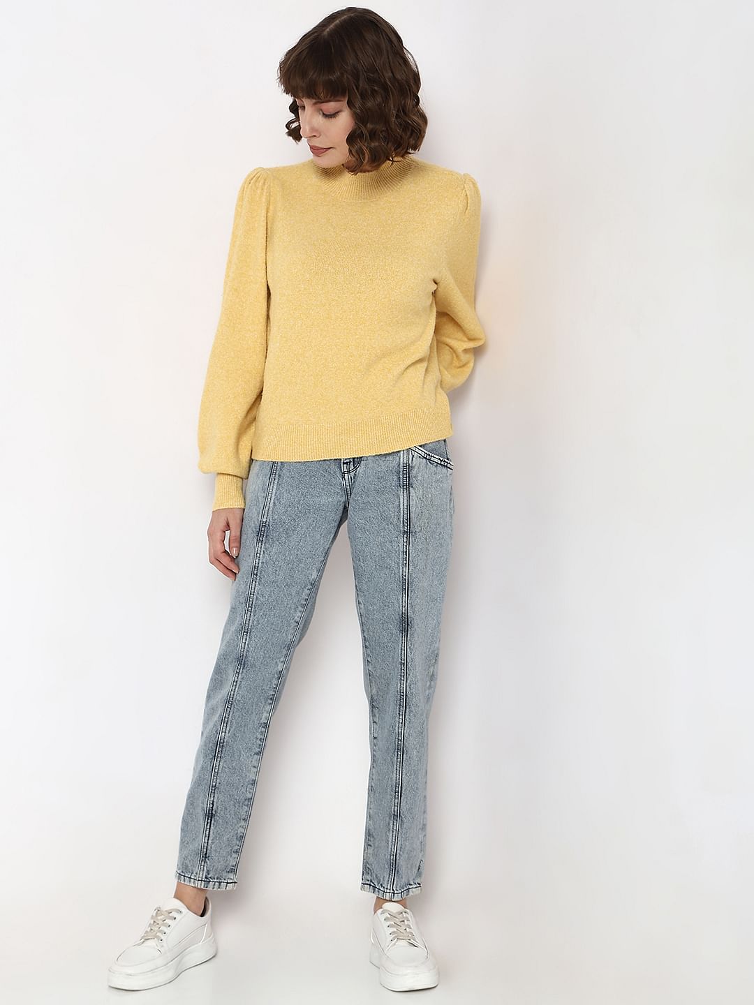 Yellow High Neck Melange Yarn Pullover