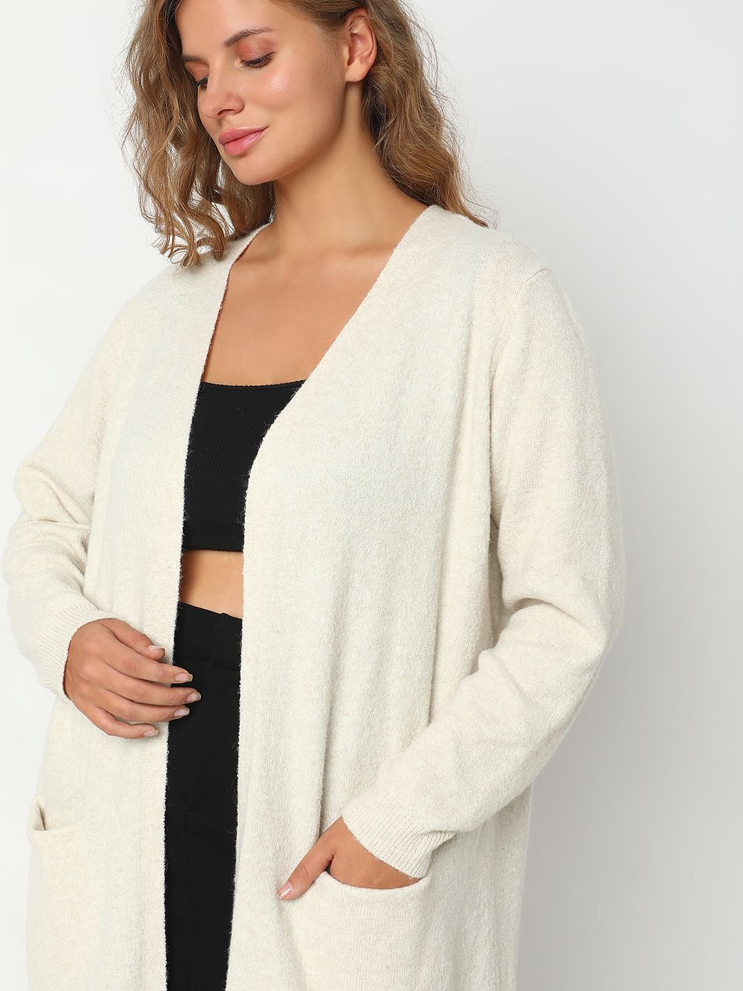 Curve Cream Full Sleeves Long Cardigan