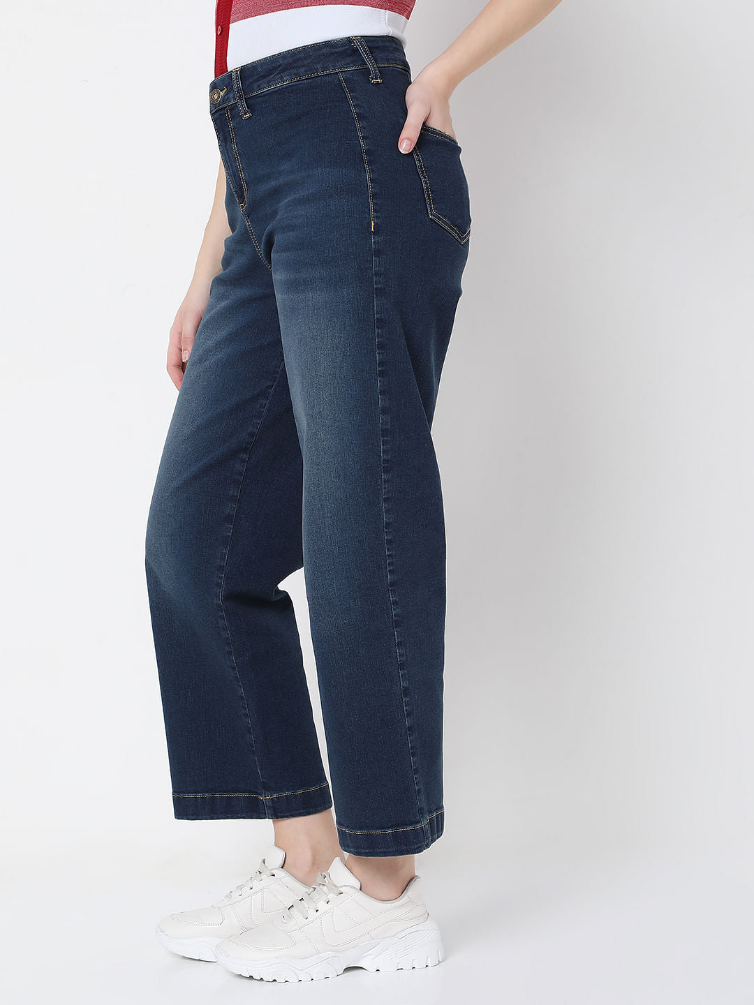 Blue Mid Rise Wide Leg Jeans