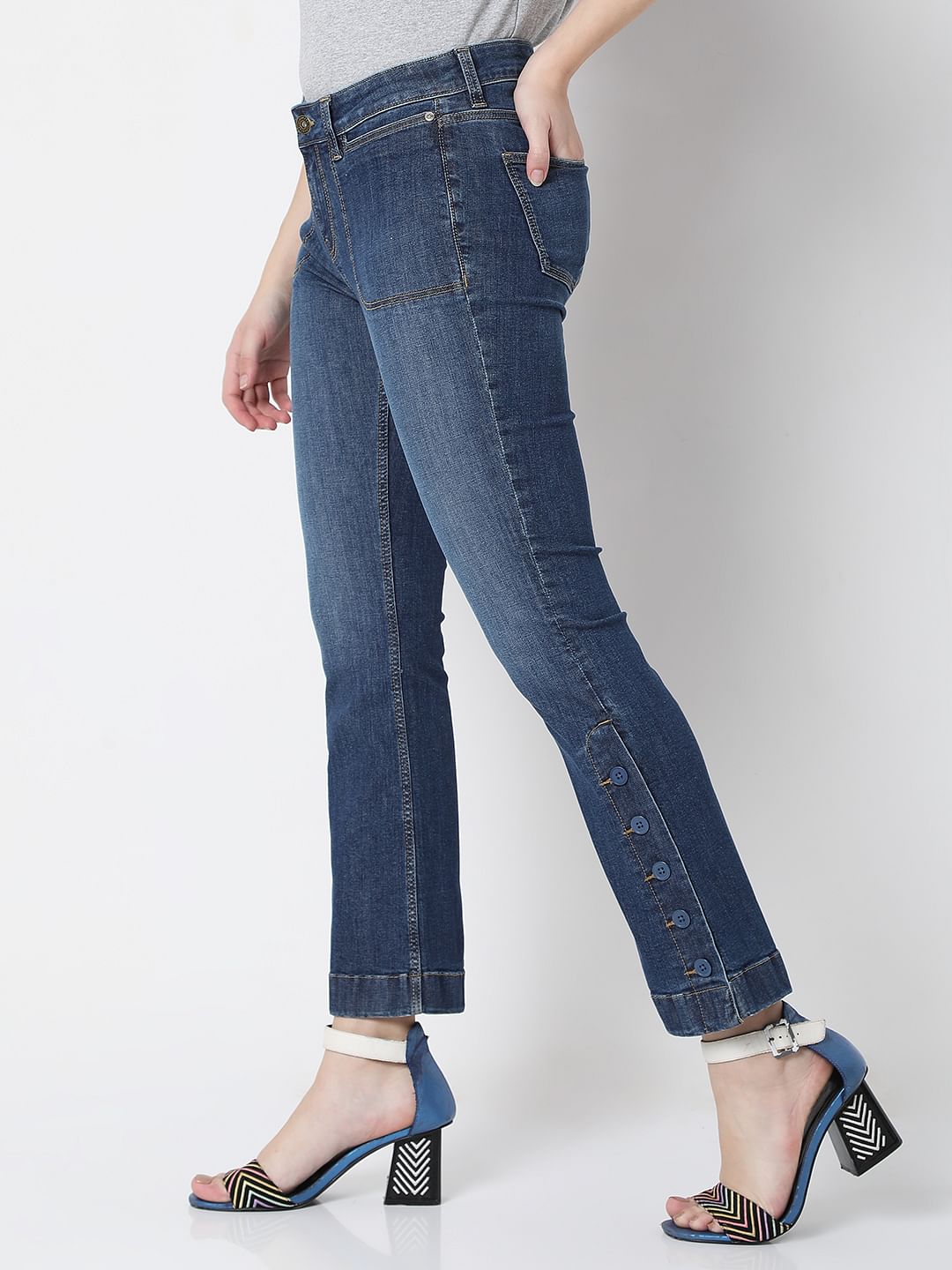 Blue Mid Rise Washed Petra Bootcut Jeans
