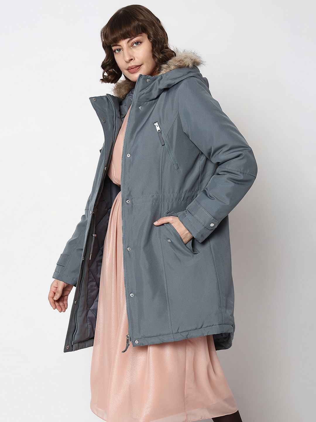 Grey Fur Hooded Parka Jacket