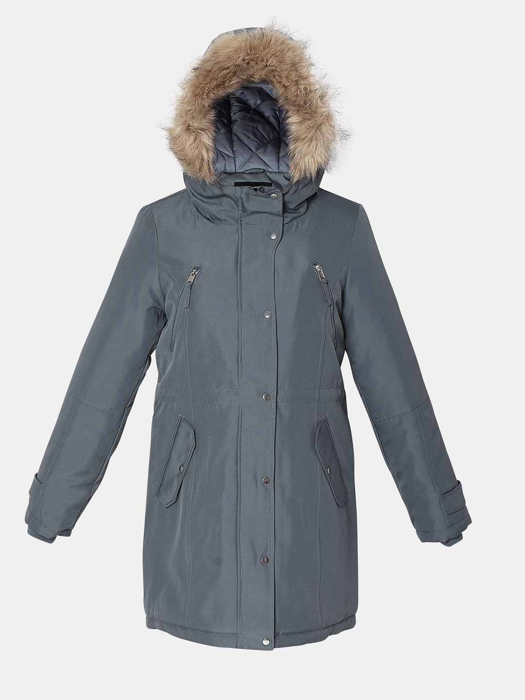 Grey Fur Hooded Parka Jacket