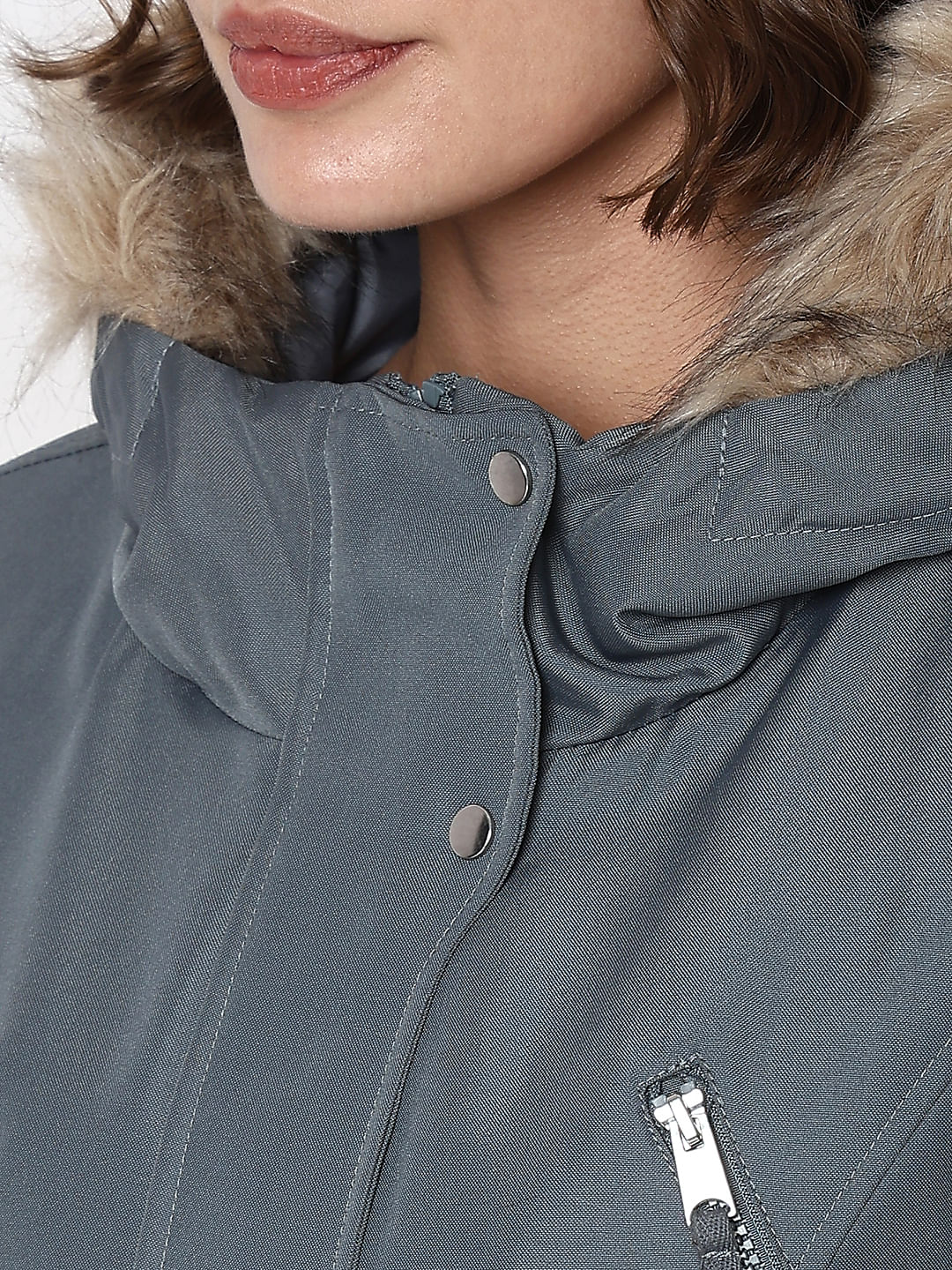 Grey Fur Hooded Parka Jacket