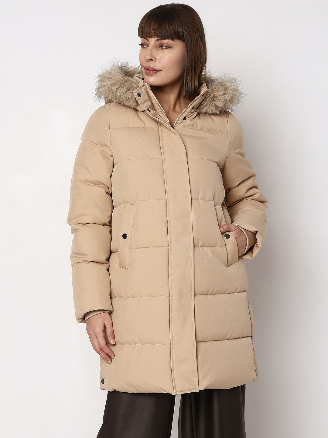 Beige Faux Fur Hood Puffer Coat