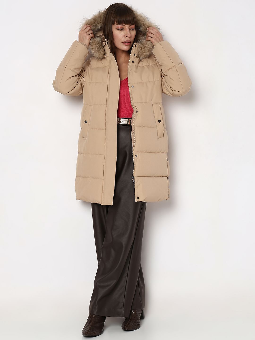 Beige Faux Fur Hood Puffer Coat