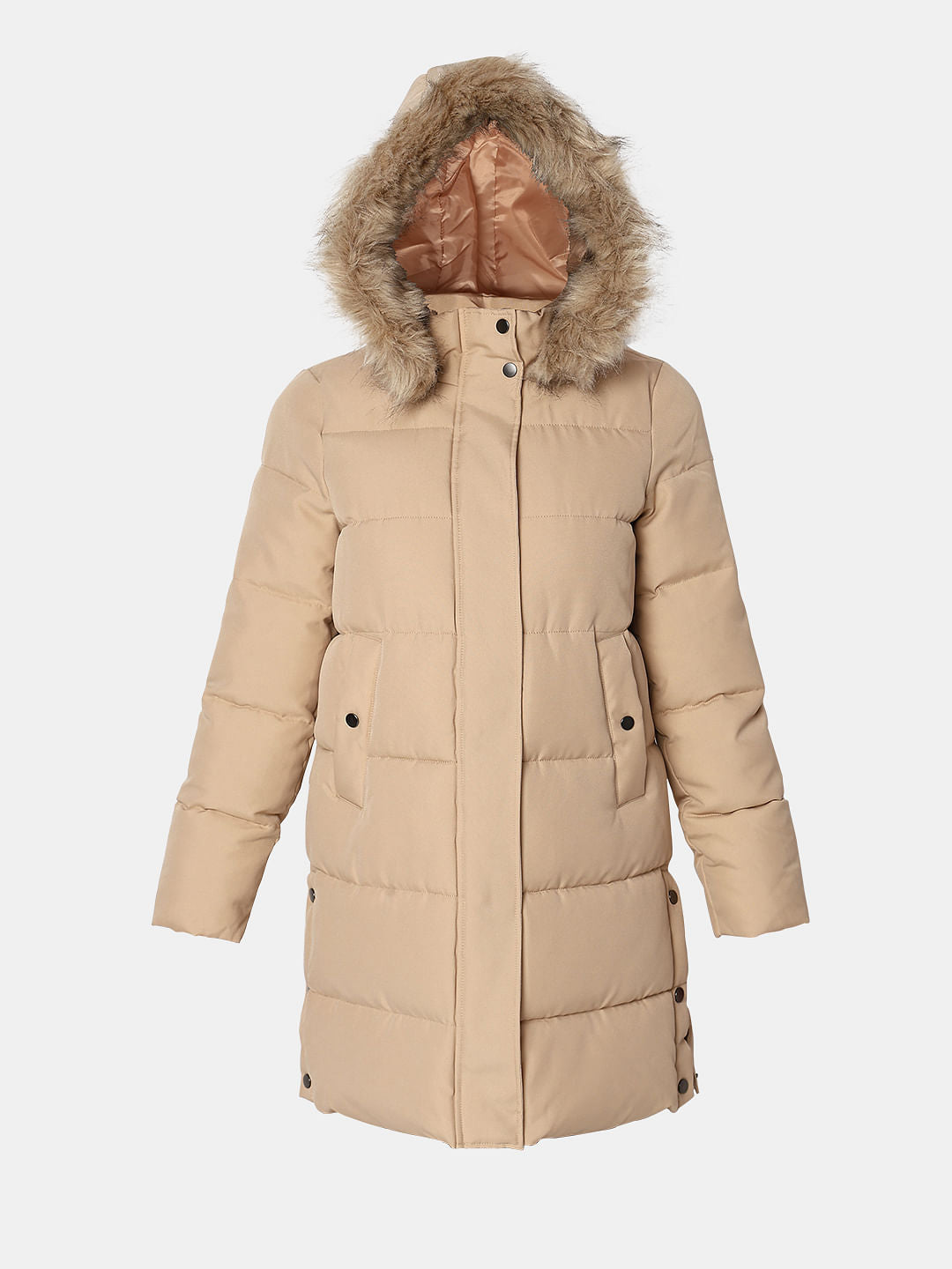 Beige Faux Fur Hood Puffer Coat