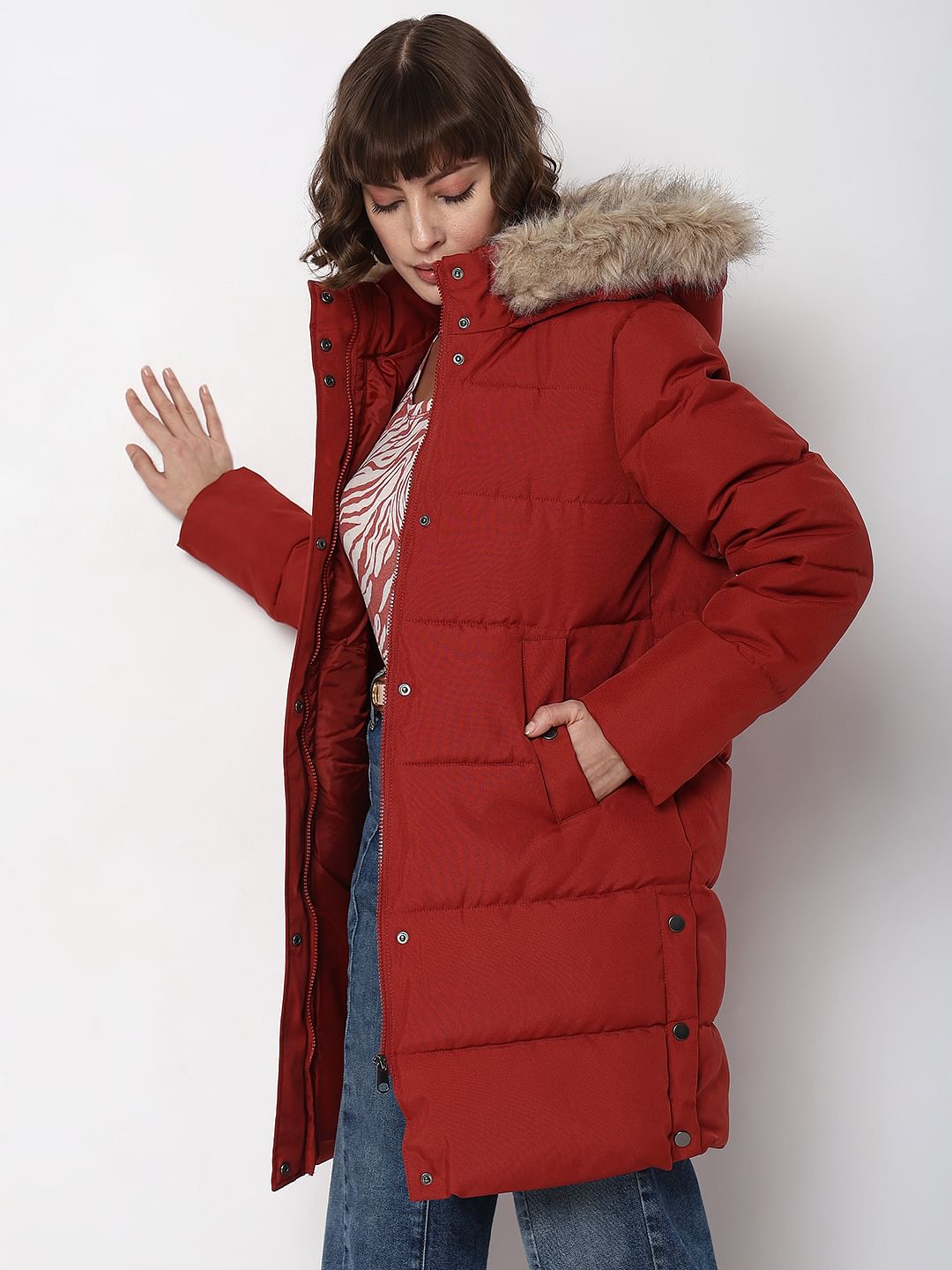 Red Faux Fur Hood Puffer Coat