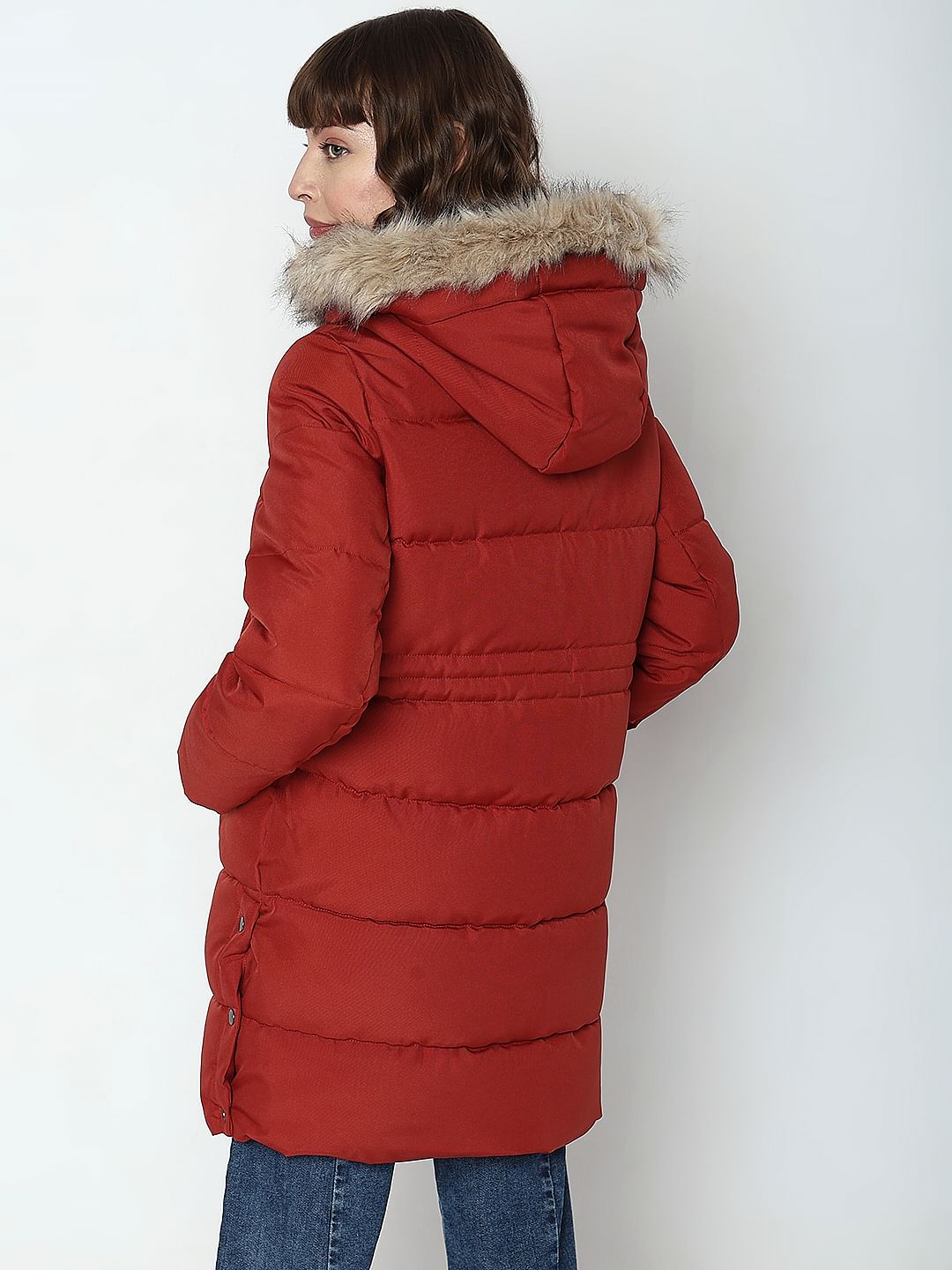 Red Faux Fur Hood Puffer Coat