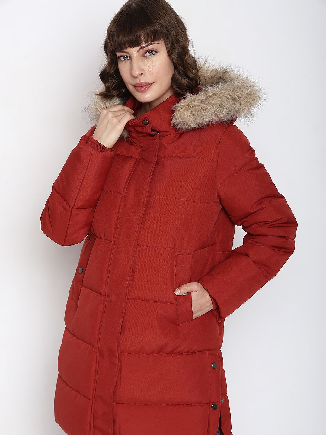 Red Faux Fur Hood Puffer Coat