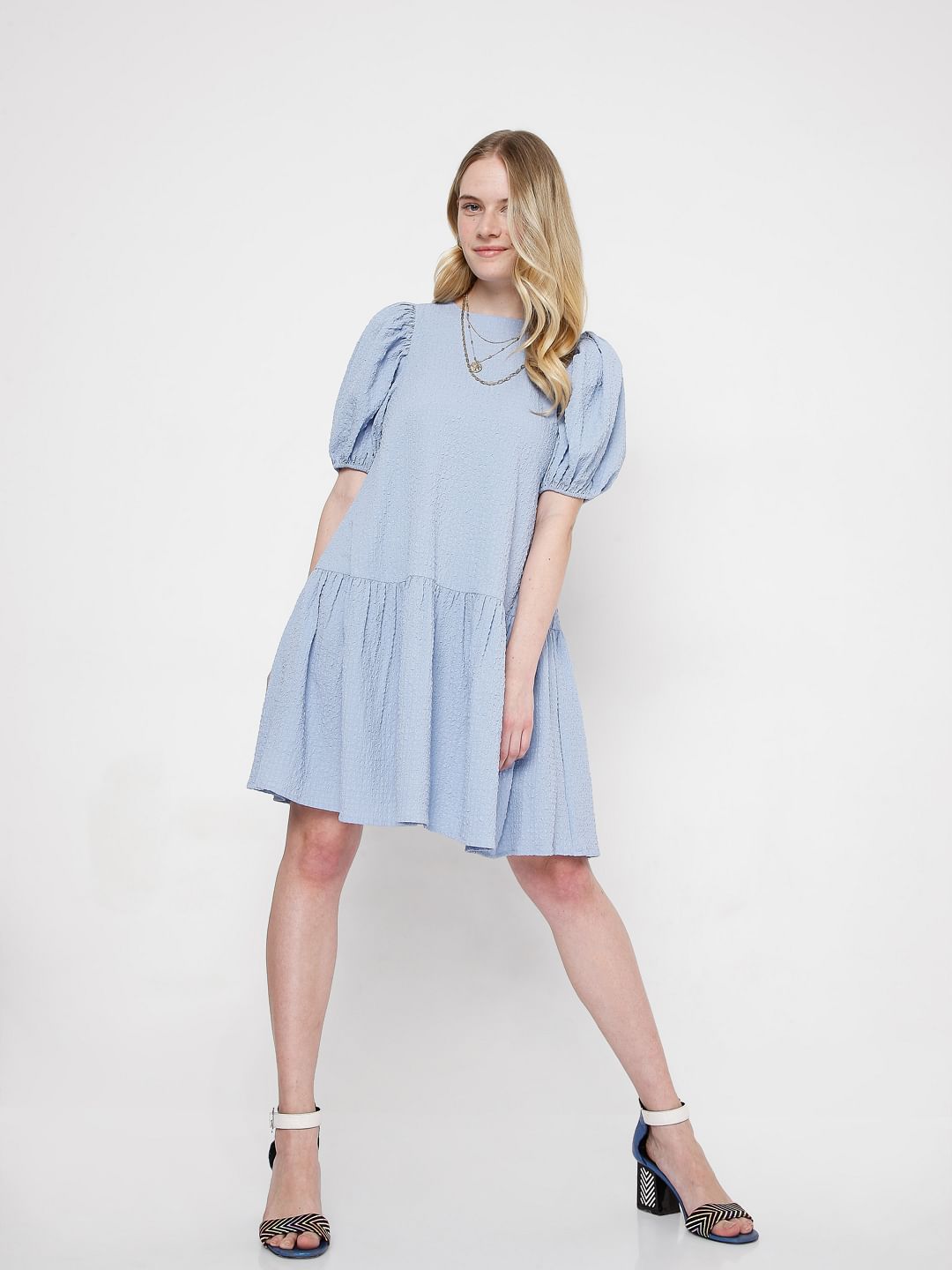 Blue Puff Sleeves Shift Dress