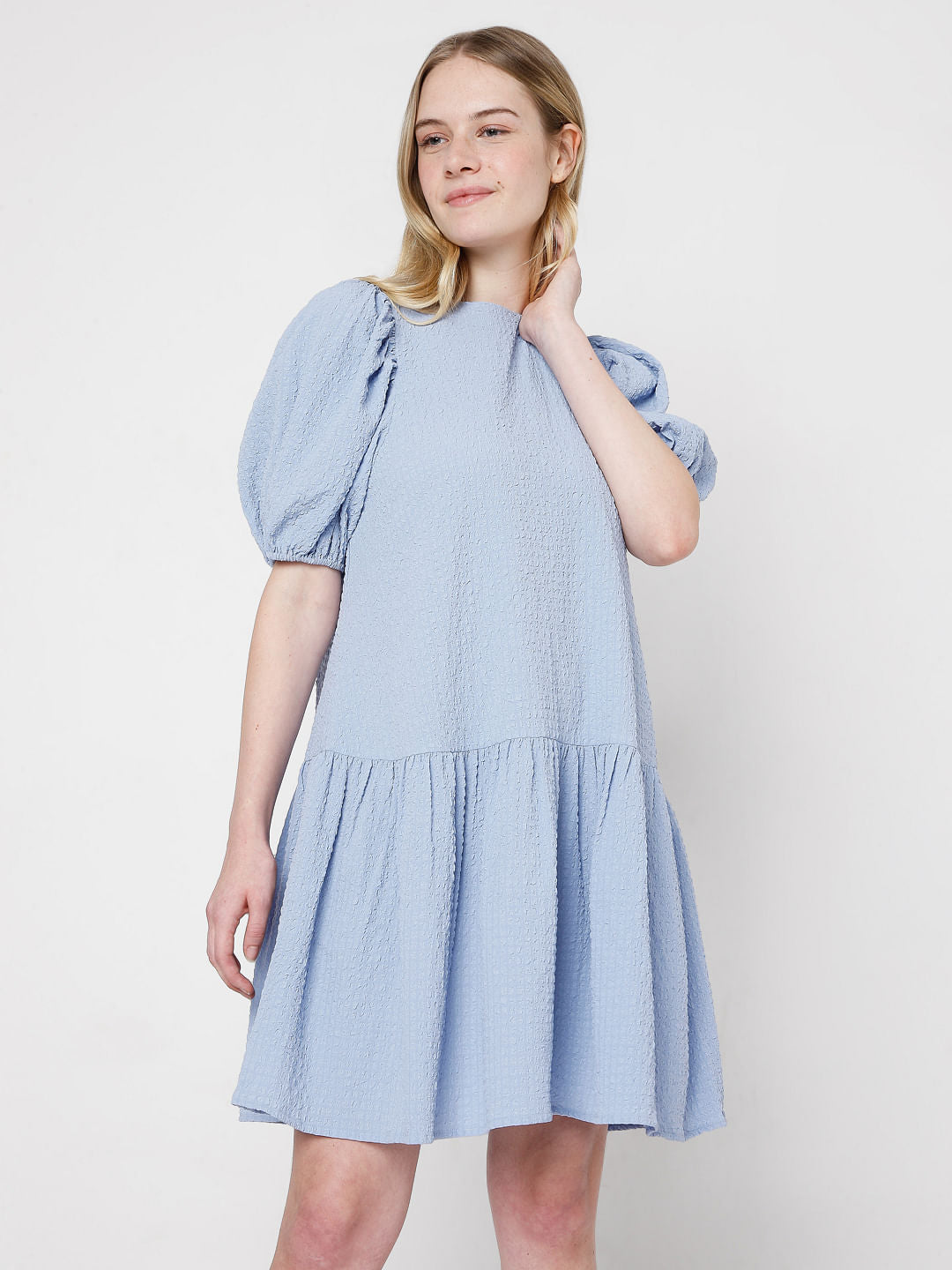 Blue Puff Sleeves Shift Dress