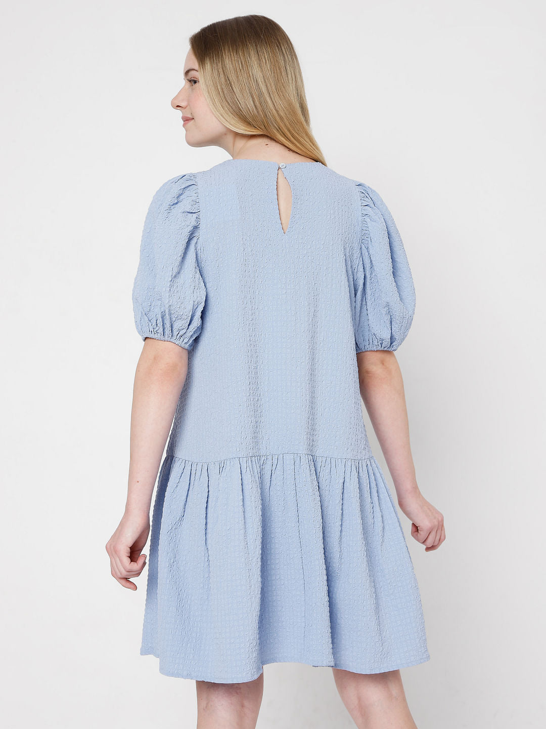 Blue Puff Sleeves Shift Dress