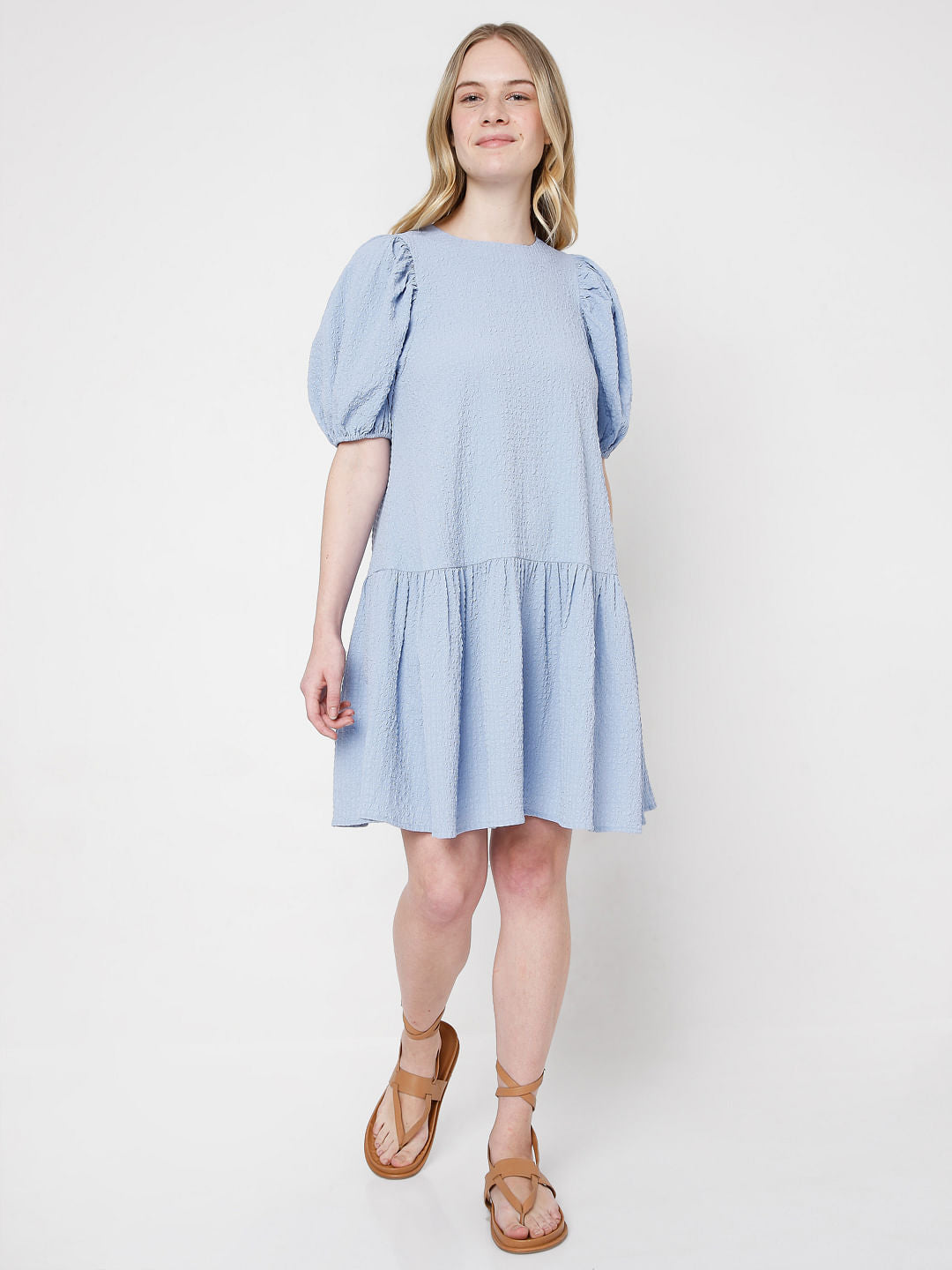 Blue Puff Sleeves Shift Dress