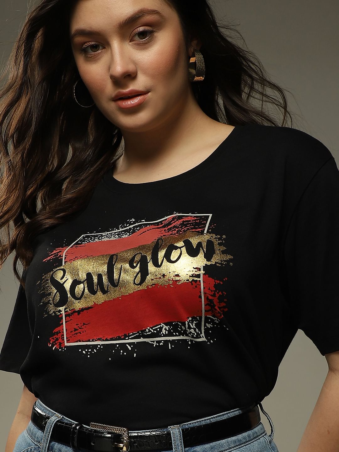 Curve Black Graphic Foil Print T-Shirt