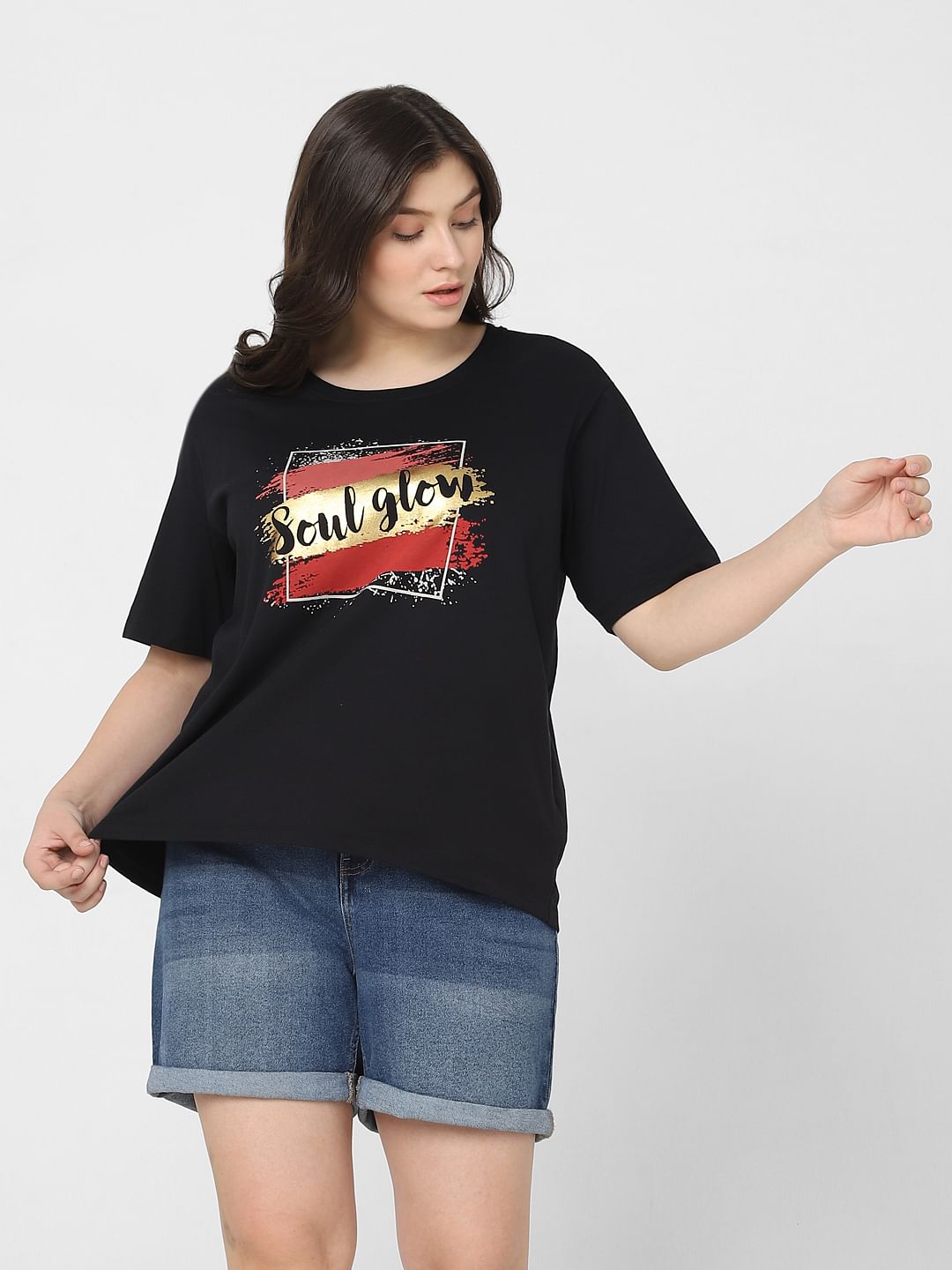 Curve Black Graphic Foil Print T-Shirt