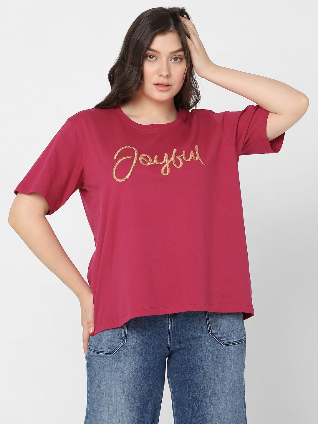 Curve Red Embroidered Text Print T-Shirt