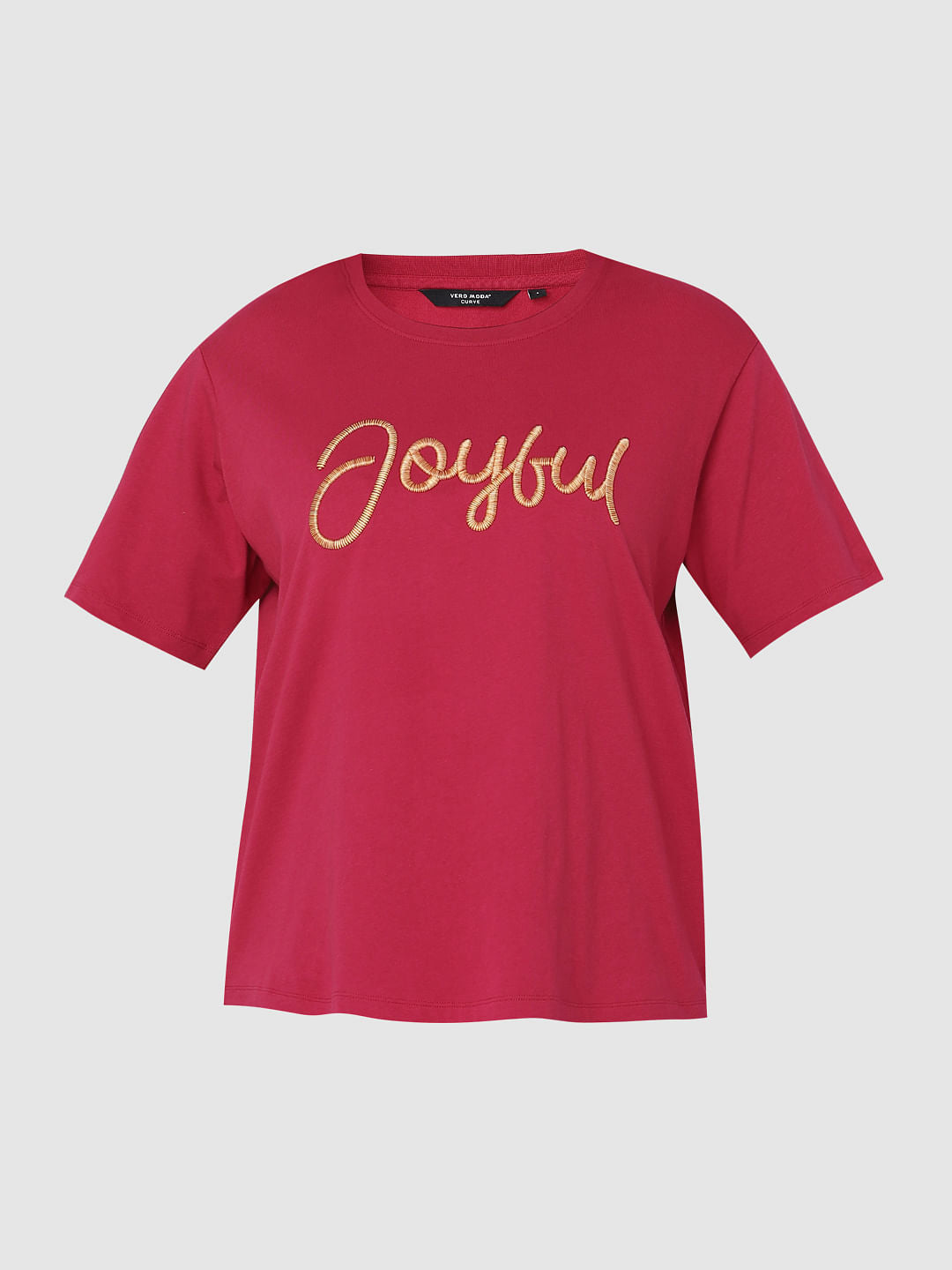 Curve Red Embroidered Text Print T-Shirt