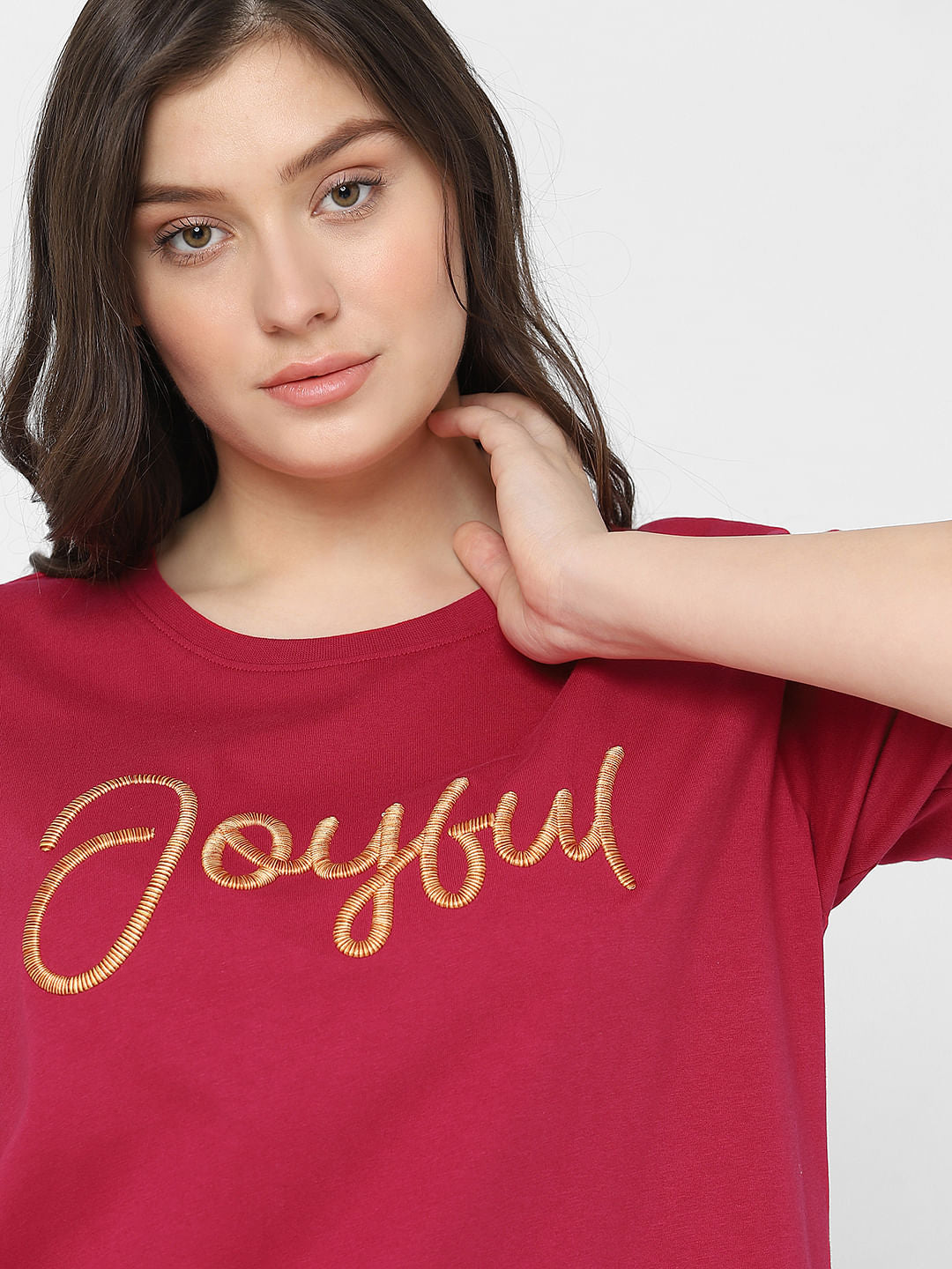 Curve Red Embroidered Text Print T-Shirt
