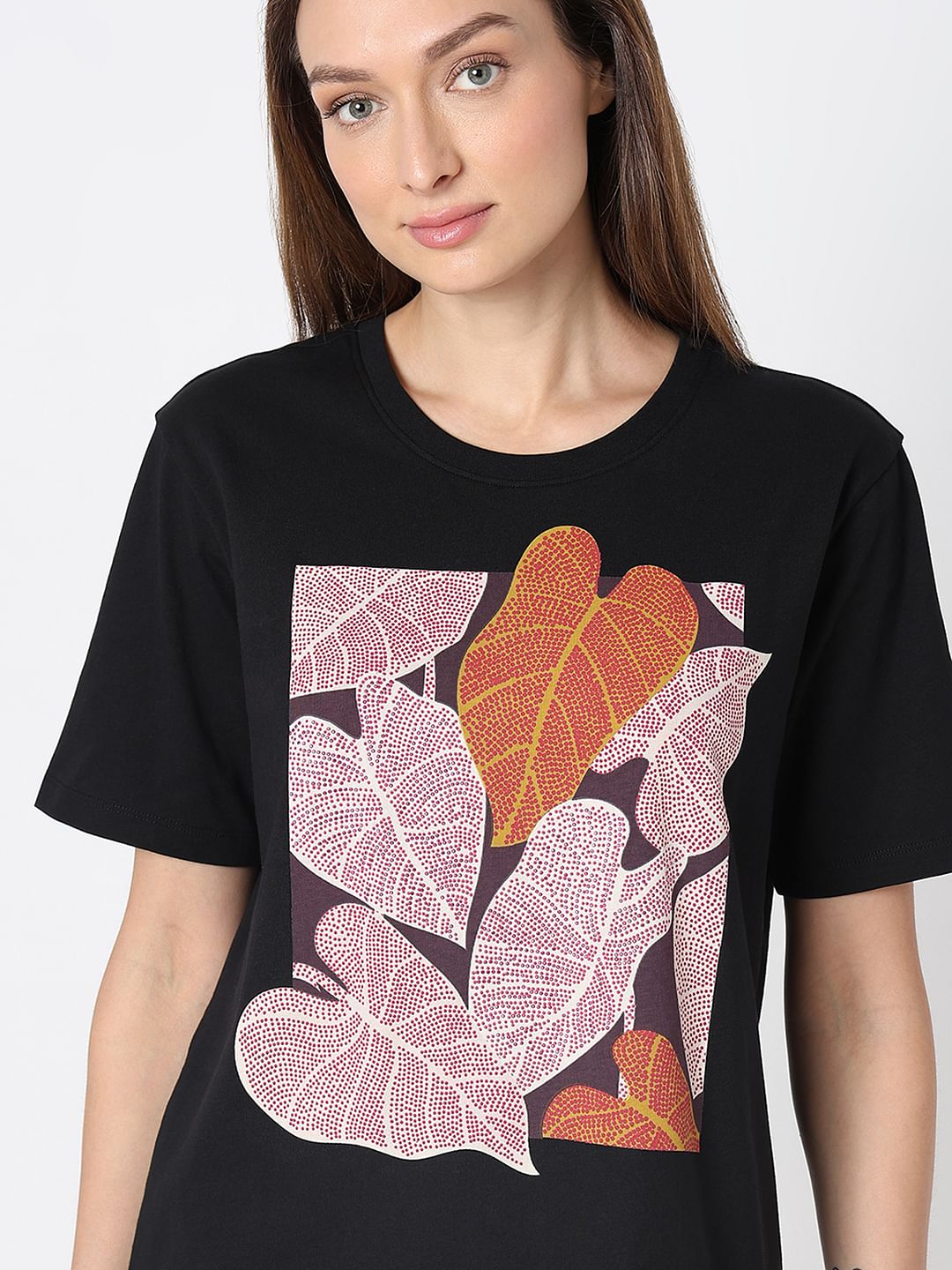 Black Sequin Leaf Print T-Shirt