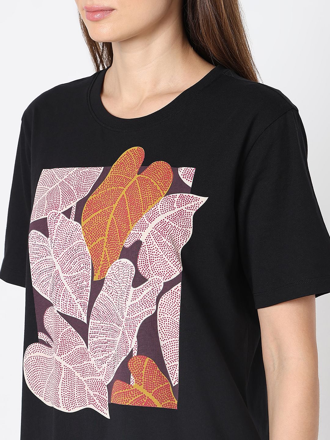 Black Sequin Leaf Print T-Shirt