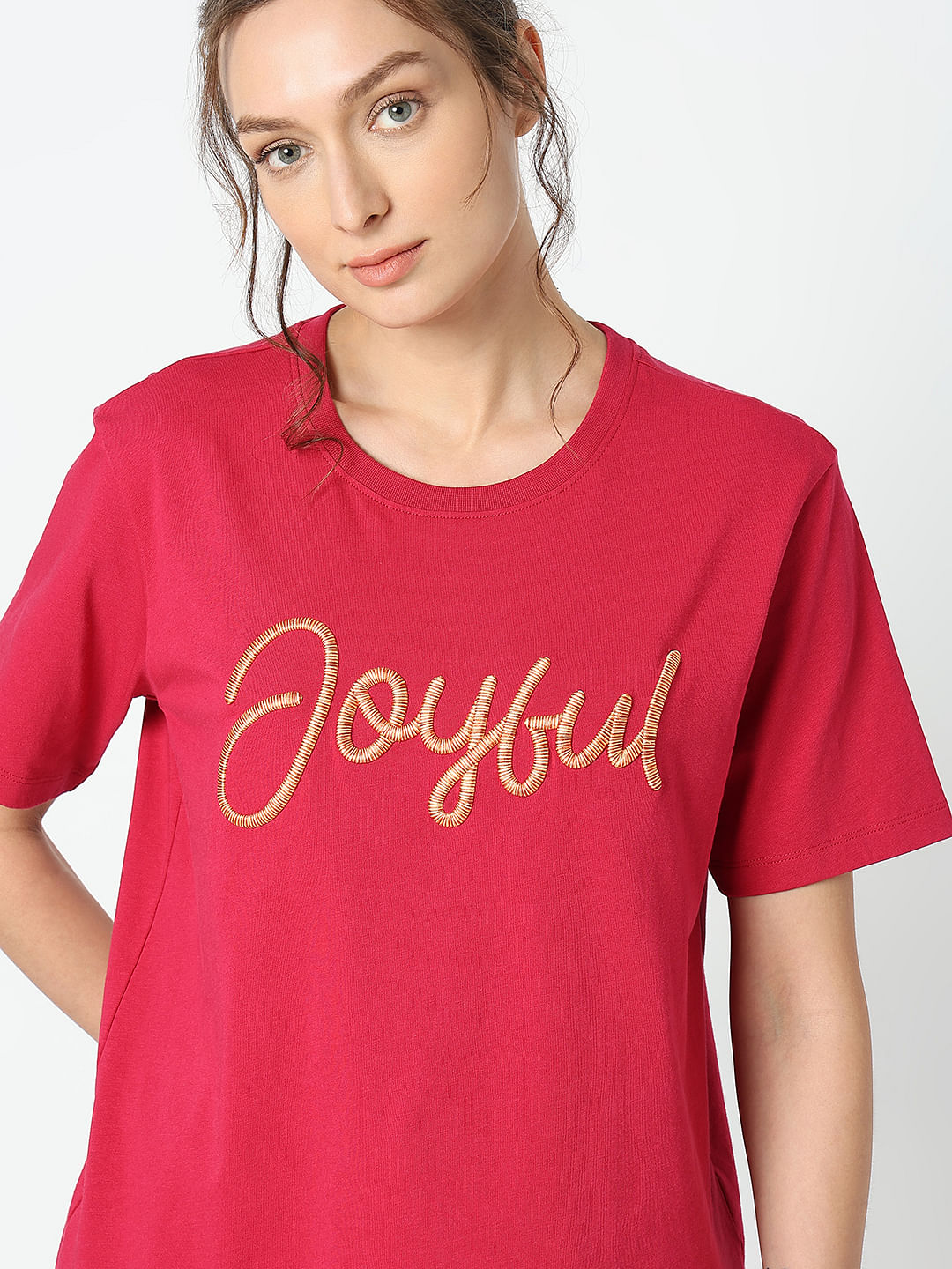 Red Embroidered Print T-Shirt