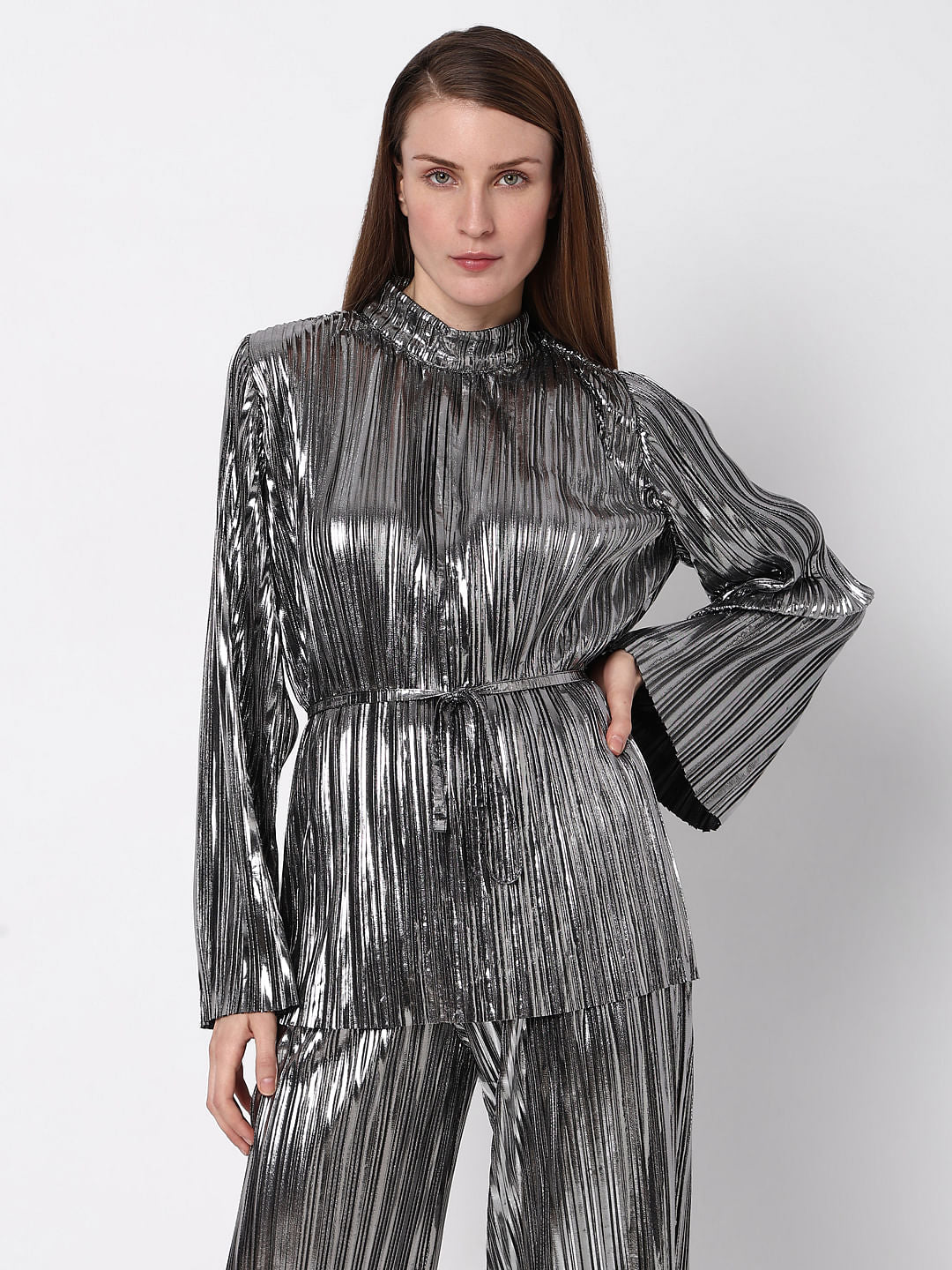 Silver Metallic High Neck Co-Ord Set Top