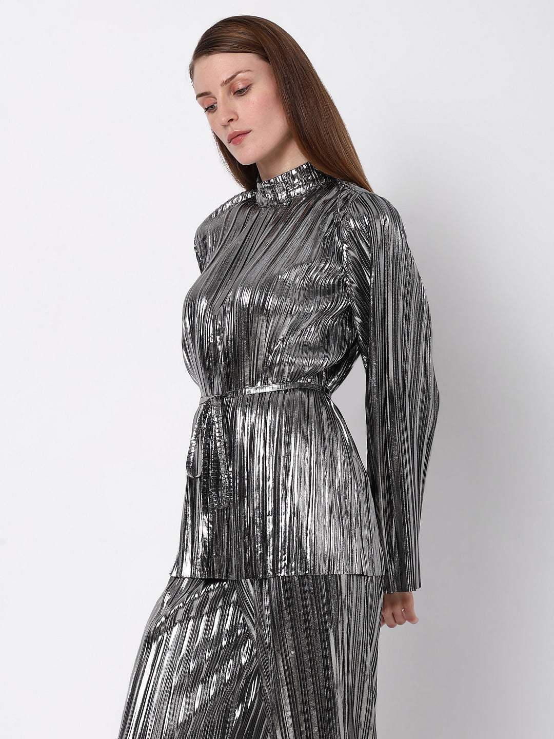 Silver Metallic High Neck Co-Ord Set Top